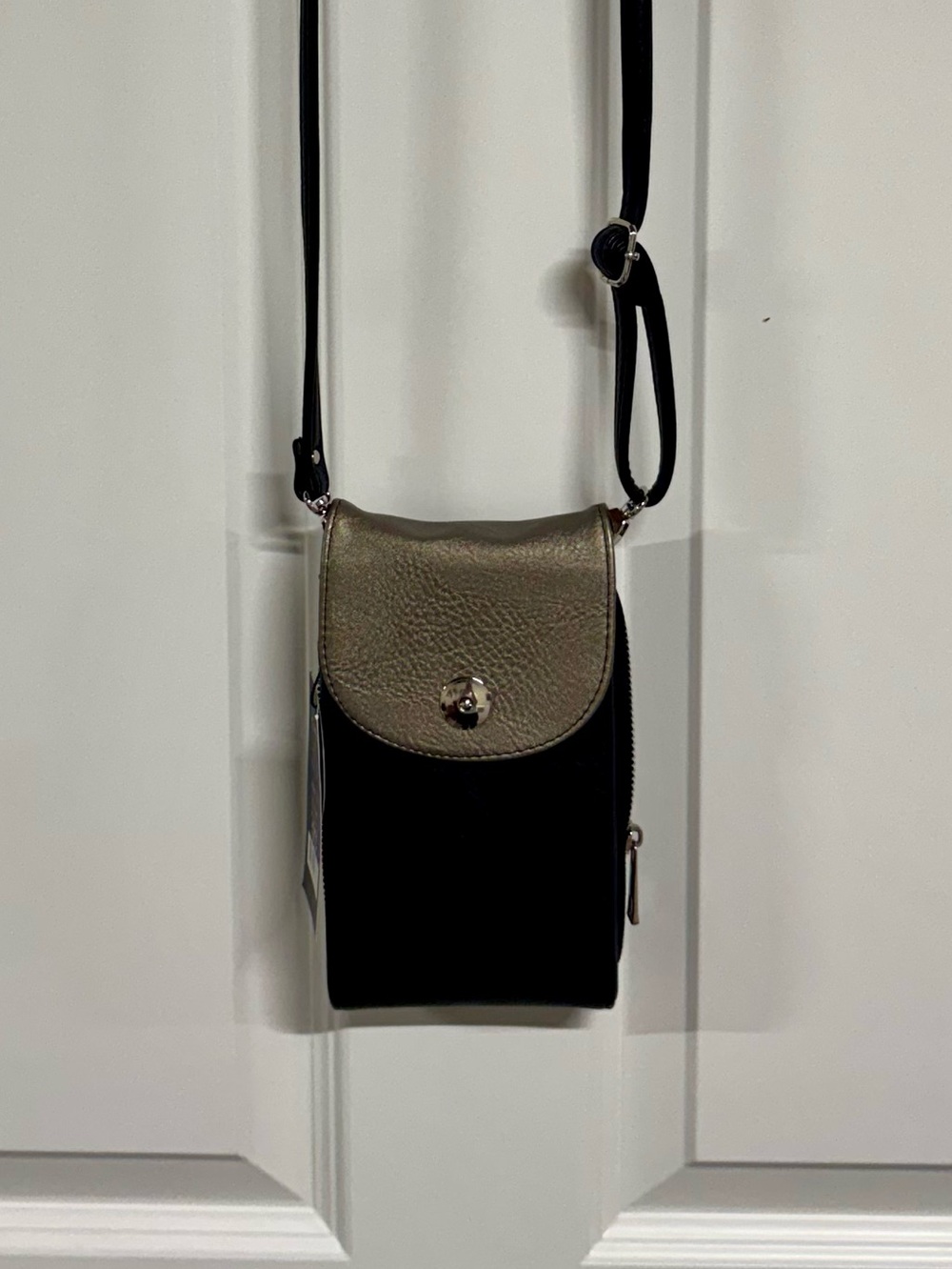 NWT K. Carroll Black Crossbody Phone Bag with Metallic Pewter Flap RFID